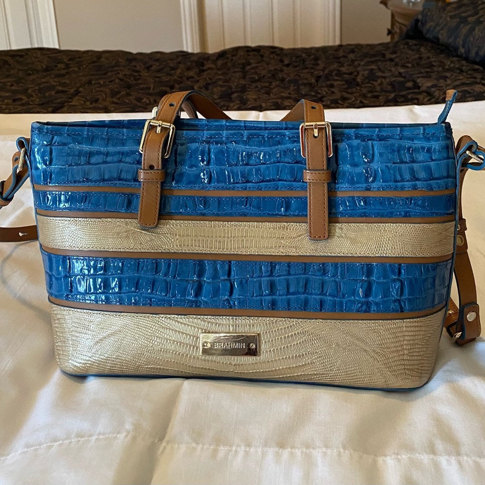Brahmin handbag blue and gold